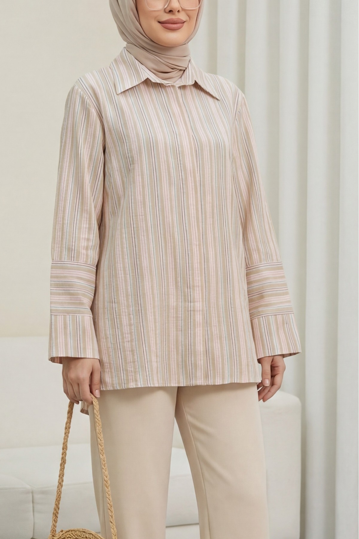Oversize Shirt with Long Embossed Stripes on the Back -Mink color