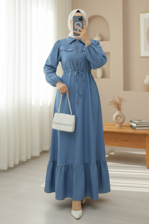 Tünel Bağcıklı Yarım Fermuarlı Cepli Kot Elbise -Mavi