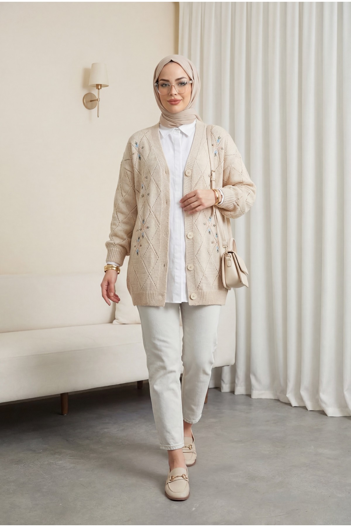 Openwork Floral Embroidered Buttoned Knitwear Cardigan  -Stone