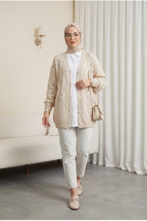 Ajurlu Çiçek Nakışlı Düğmeli Triko Hırka  -Taş