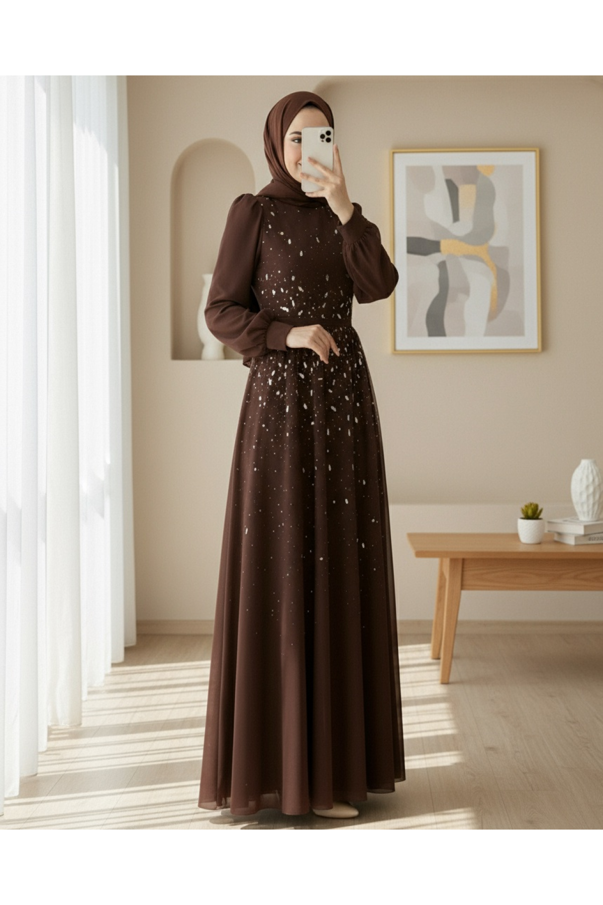 Tulle Evening Dress with Stone Detail on the Front and Lining -Brown