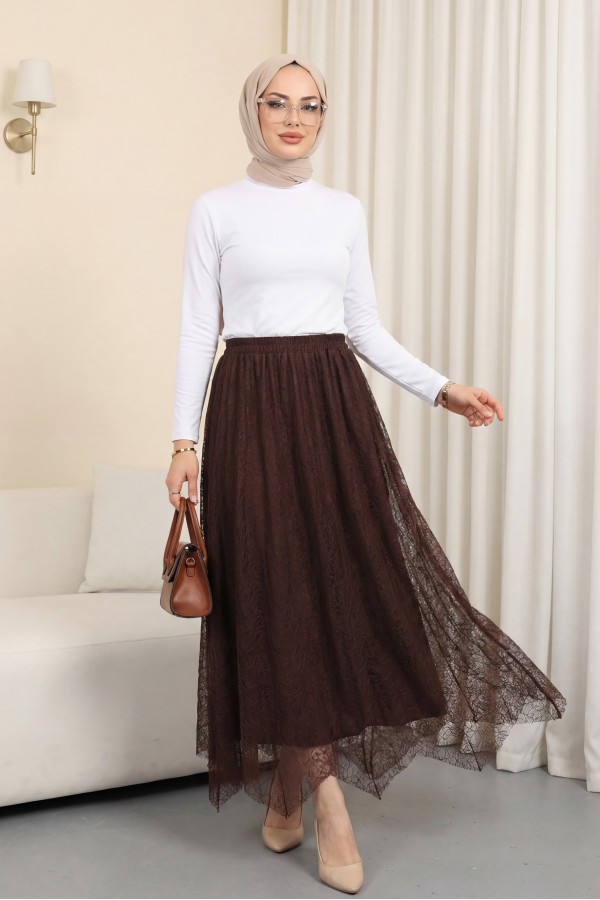 Asymmetrical Cut, Lined, Elastic Waist Tulle Skirt -Dark Coffee