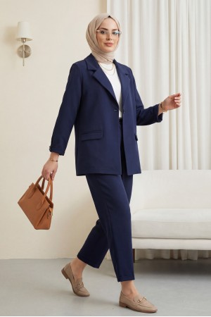 Crepe Suit with Double-Breasted Collar and Pocket Details -Navy blue