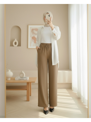 Beli Lastikli Bağcık Detaylı Bol Paça Sofya Keten Pantolon  -Tarçın