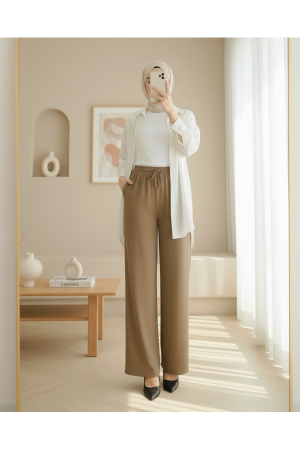 Beli Lastikli Bağcık Detaylı Bol Paça Sofya Keten Görünümlü Pantolon  -Tarçın