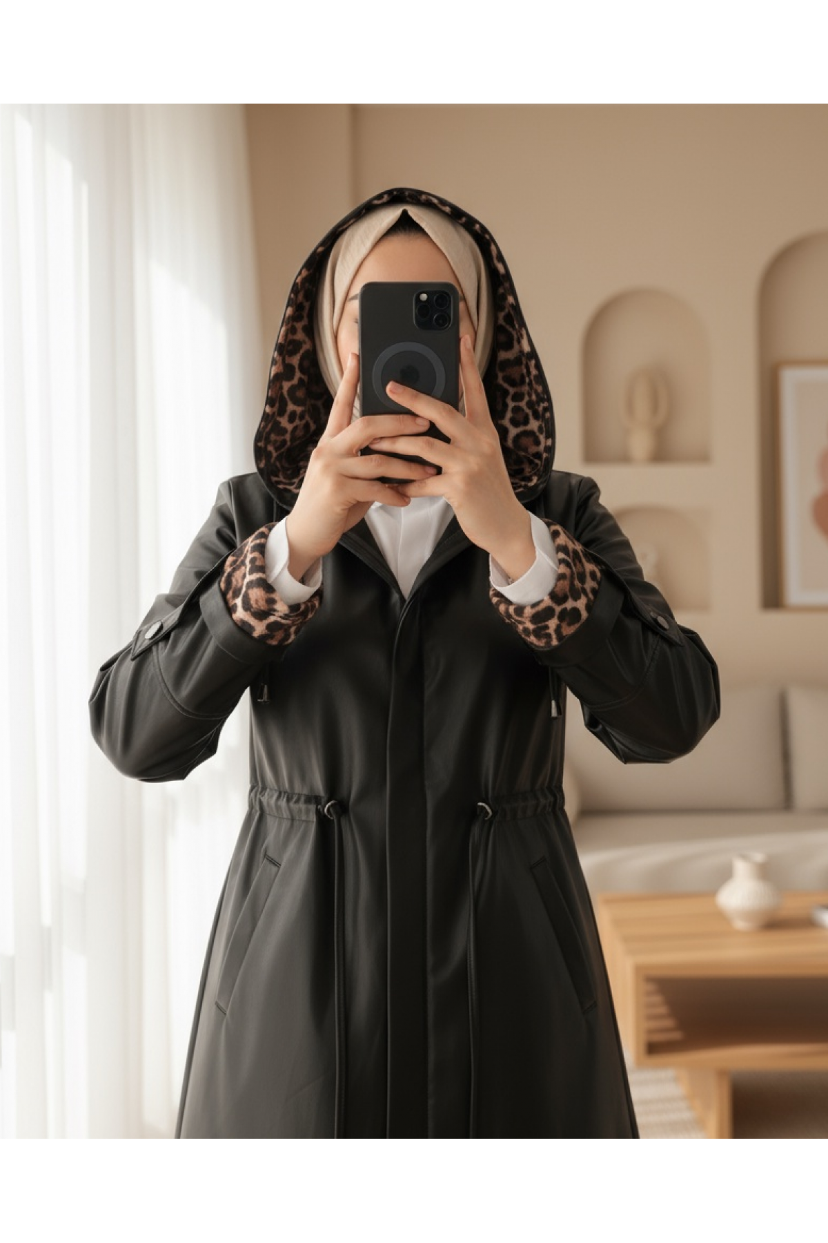 Folded Arm Tie Waist Hooded Leather Cap -Black