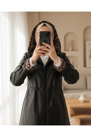 Kolu Katlamalı Beli Bağcıklı Kapşonlu Deri Kap -Siyah