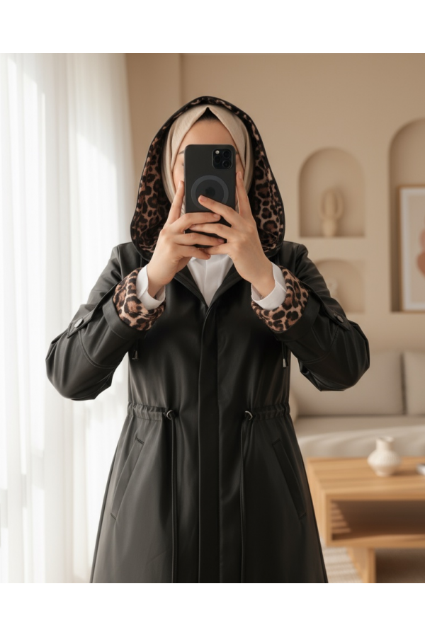 Folded Arm Tie Waist Hooded Leather Cap -Black