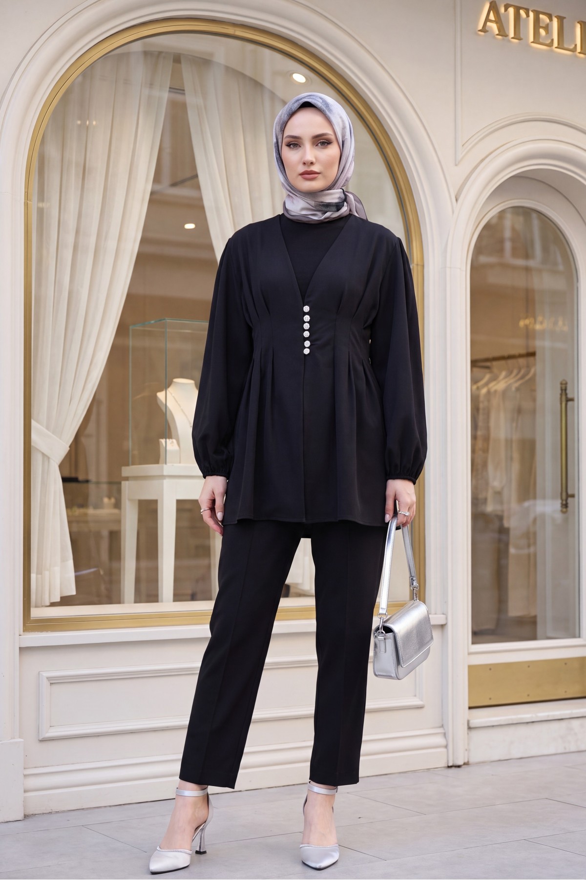 Stone Embellished Buttoned Double Pants Set with Elasticated Cuffs -Black