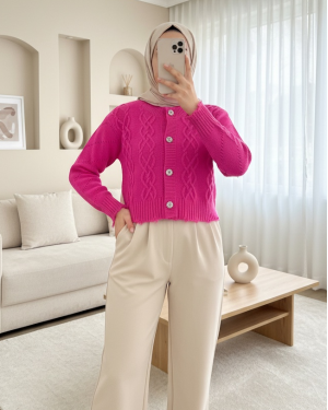 Stone Button Ripped Crop Cardigan     -Fuchsia