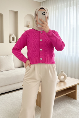 Taş Düğmeli Yırtıklı Krop Hırka     -Fuşya