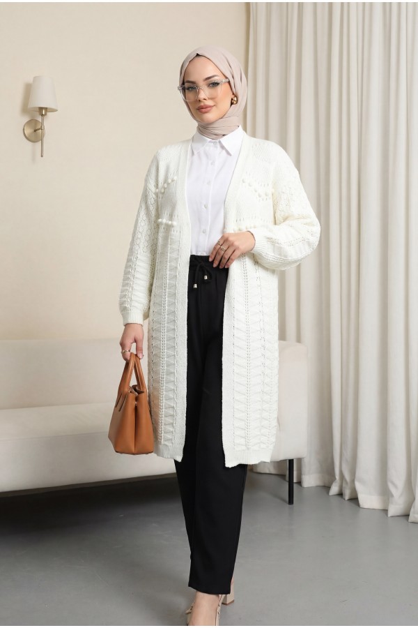 Pom-pom embellished mixed pattern mid-length knitted cardigan -Ecru