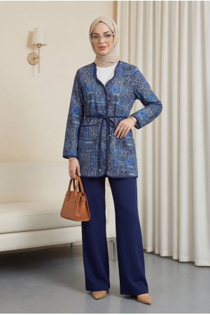 Beli Bağlamalı Çift Cepli Desenli Scuba Takım -Laci