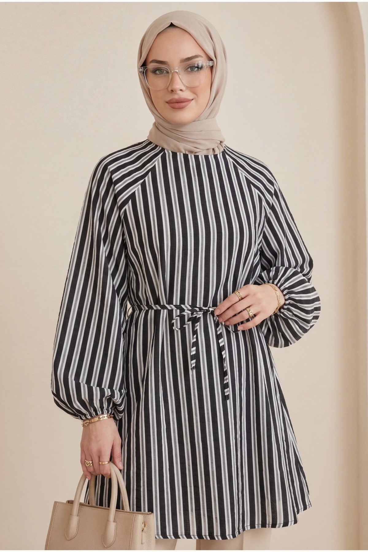 Balloon Sleeve Waist Tie Lined Striped Tunic -Black