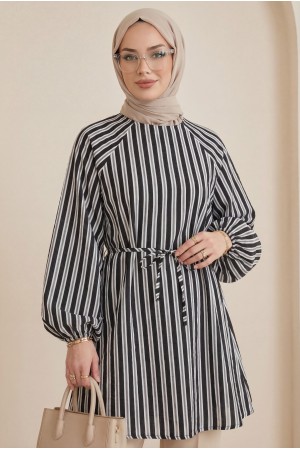 Balon Kol Belden Bağlamalı Astarlı Çizgili Tunik -Siyah