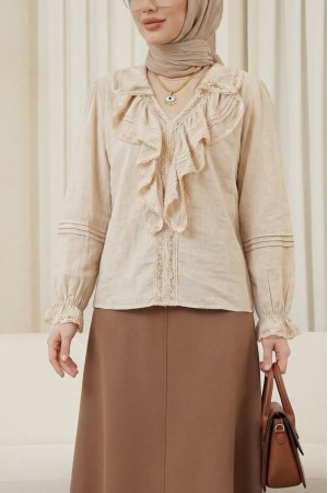 Önü Fırfırlı Fistolu Kolu Lastikli Bluz -Bej