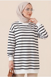 Yan Çizgili Bisiklet Yaka Sweat -Siyah