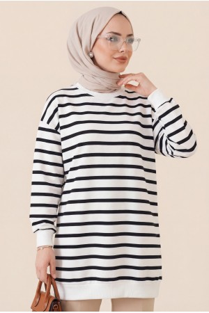 Yan Çizgili Bisiklet Yaka Sweat -Siyah