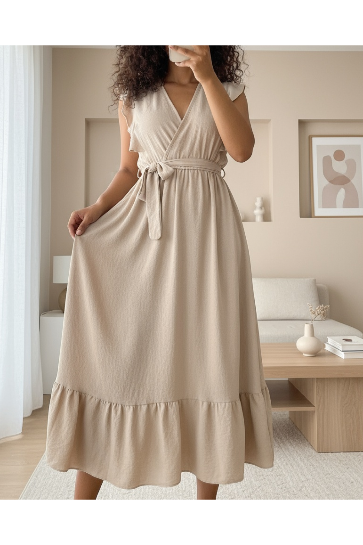 Frilled Shoulders Zero Sleeve Waist Elastic Lace-up Aryrobine Dress -Mink color detay görseli