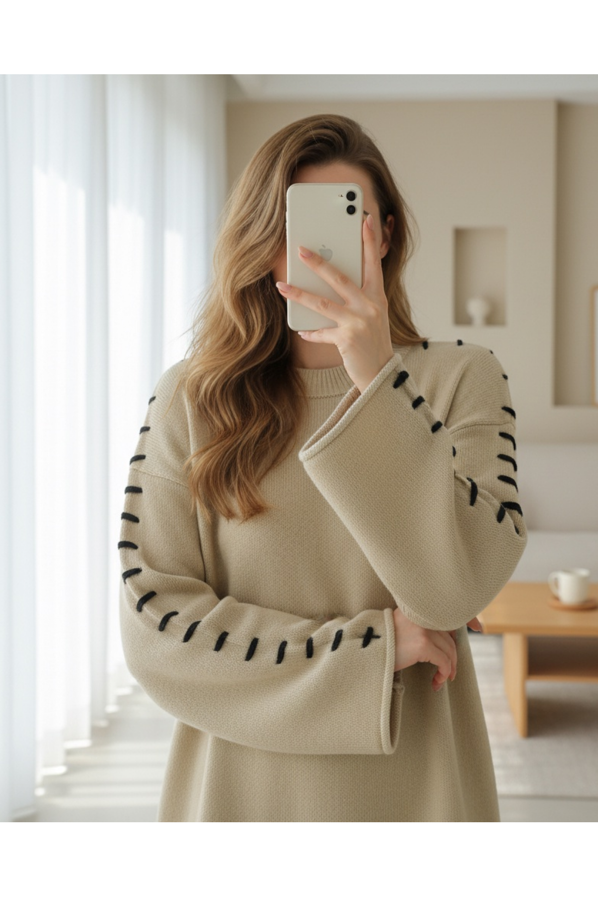 Soft Knit Tunic with Drawstring Sleeves and Stripes -Mink color