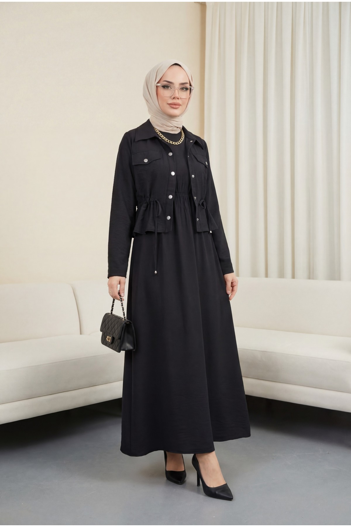 Metal Buttoned Waist Tied Shirt Vest Dress -Black