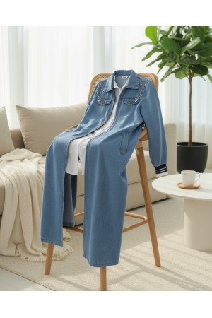 Omuzu İncili Ribanalı Fermuarlı Uzun Kot Kap -Mavi