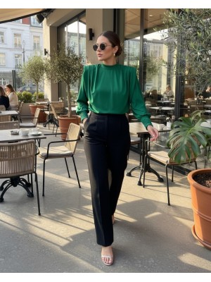 Omuzları Vatkalı Kolu Büzgülü Bluz -Yeşil