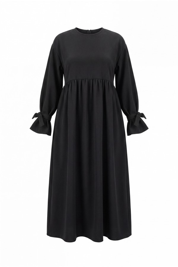 Long Double Dress with Lace-Up Sleeves -Black