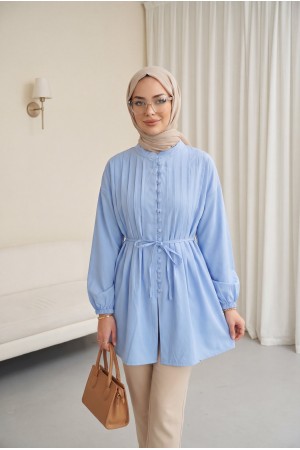 Poplin Shirt with Belted, Elasticated Cuffs, Button Front, and Fold Detail -Blue