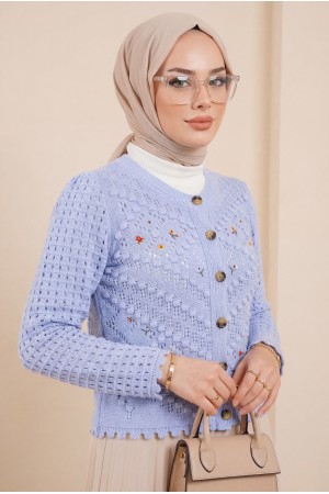 سترة محبوكة مطرزة بالزهور Pompom مخرمة    -ريشي