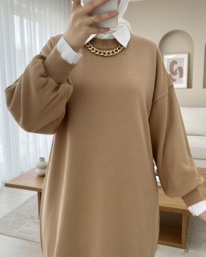 Düz Bisiklet Yaka Balon Kol Triko Tunik      -Vizon