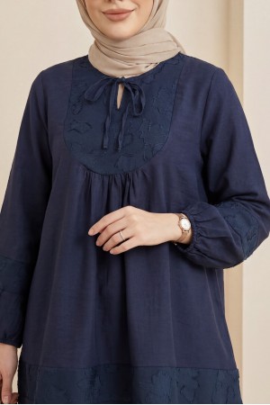 Yakası Bağlamalı Kolu Lastikli Garnili Modal Tunik  -Laci