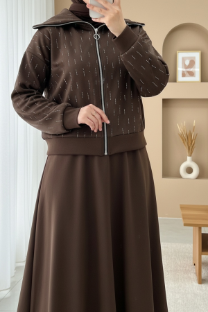 بدلة غوص بسحاب أمامي وياقة مدورة وتفاصيل حجرية -بنى