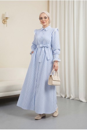 فستان بأزرار أمامية وتفاصيل دانتيل -ريشي