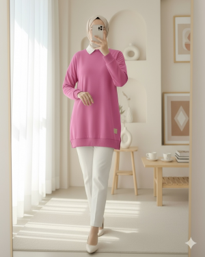 Crew Neck Slit Sweatshirt  -Pink