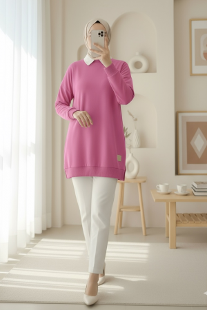 Crew Neck Slit Sweatshirt  -Pink