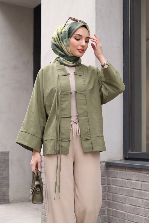 Chinese Knot Closure Mandarin Collar Parachute Kimono -Khaki