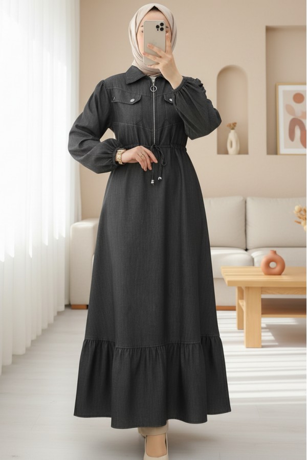 Tunnel Laced Half Zipper Pocket Denim Dress -Anthracite