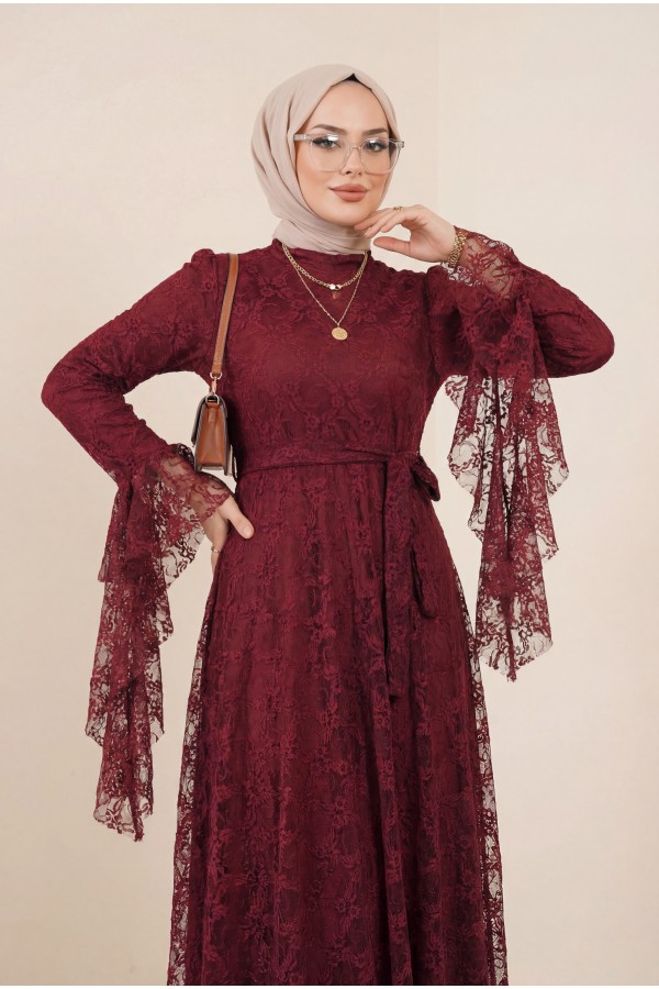 Floral Patterned Guipure Lace Dress with Ruffled Sleeves, Belt, and Lining -Maroon