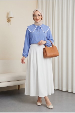 Bebe Yaka Dantelli Kolu Lastikli Gömlek -Mavi