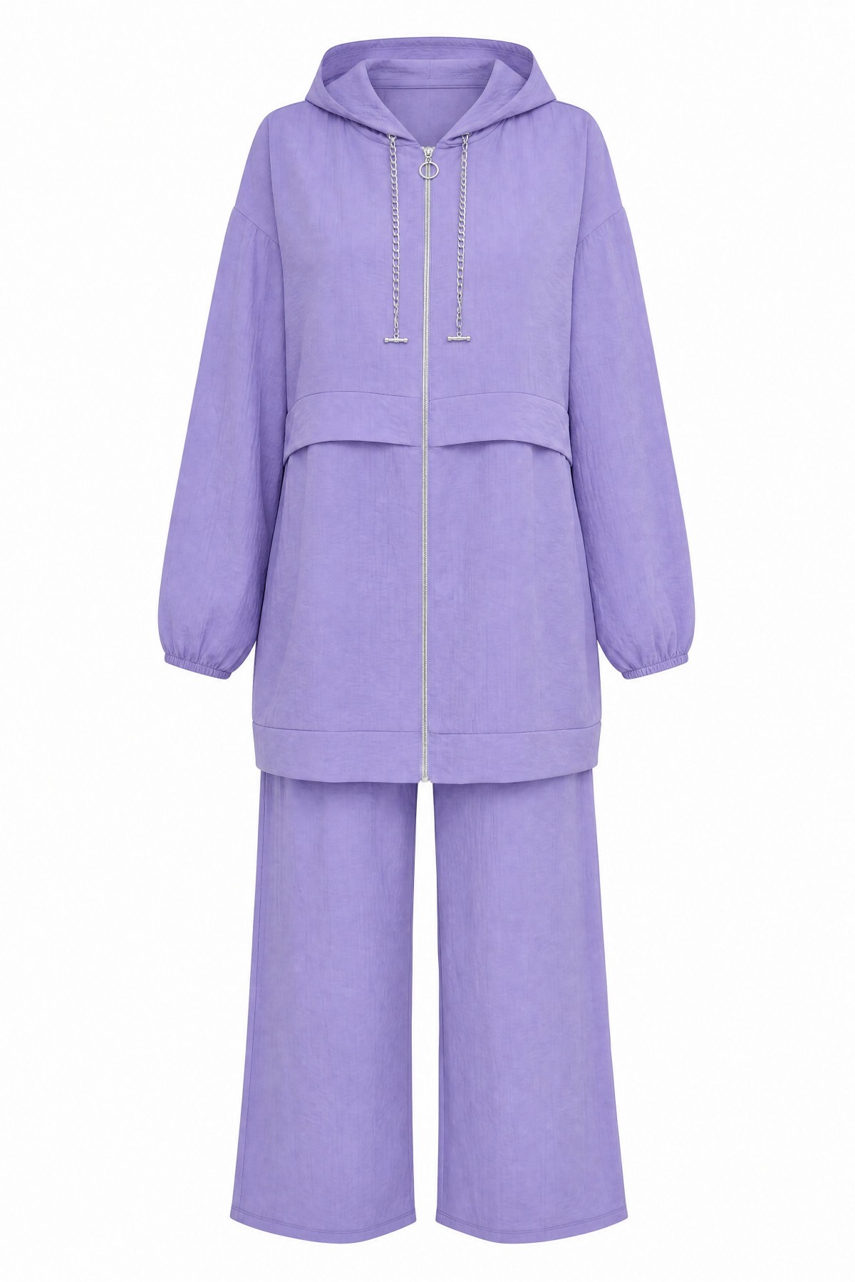Strawberry Style Hooded Sweatshirt with Chain Collar and Zip-Up Pants -Lilac