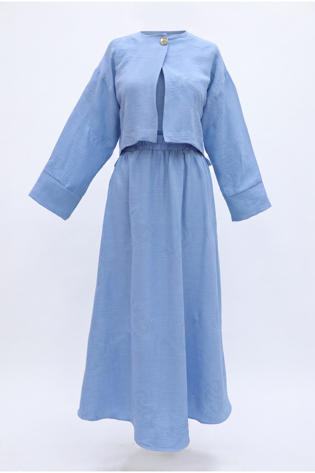 One-Button Embroidered Skirt Linen-Look Suit -Light blue
