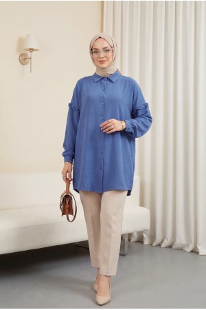 تونيك أيروبين كاجوال بأكمام مكشكشة ومرصعة -اللون النيلي