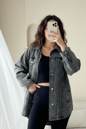 Boydan Düğmeli Cepli Kot Ceket -Füme