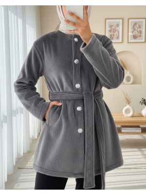 Buttoned Waist Tied Fur Jacket -Smoked 