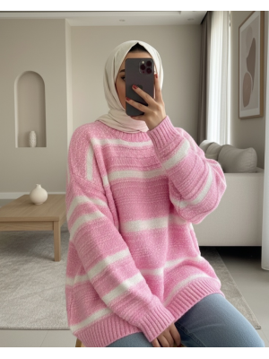 Kalın Çizgi Desenli Örme Triko Kazak -Pembe