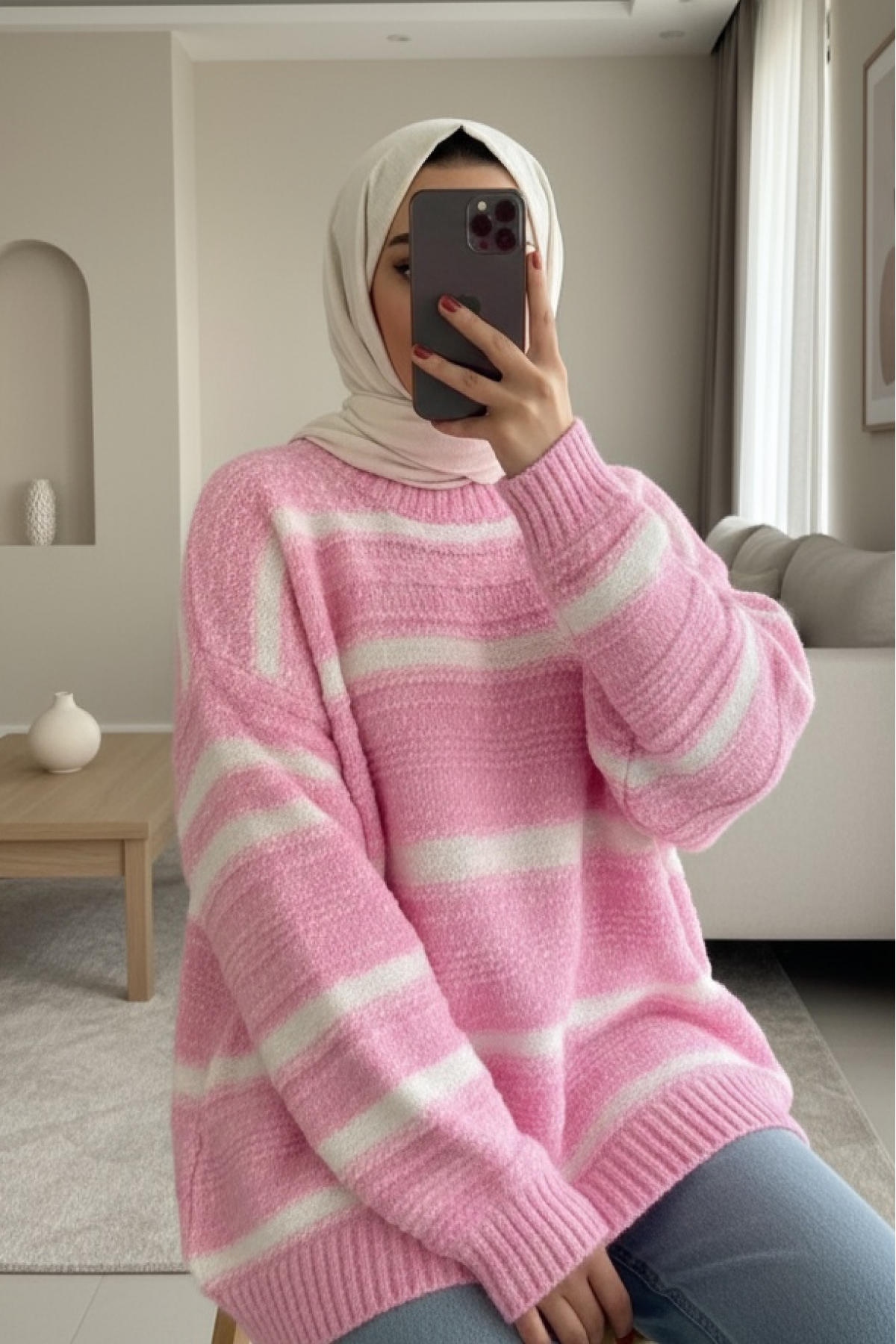 Kalın Çizgi Desenli Örme Triko Kazak -Pembe