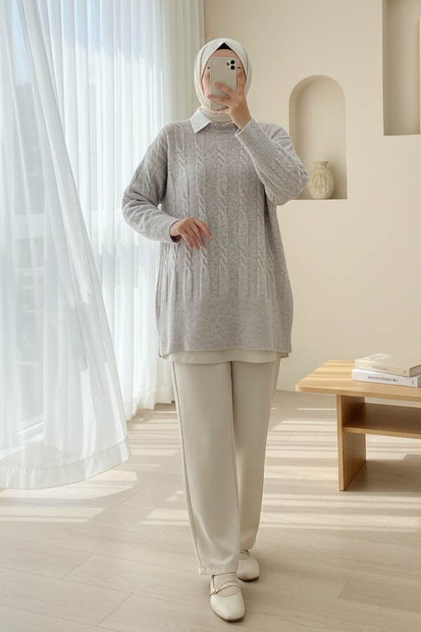 Soft Knitted Sweater with Embossed Pattern -Stone