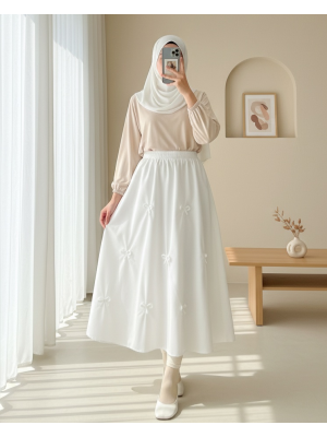 Beli Lastikli Fiyonk Detaylı Poplin Etek -Beyaz