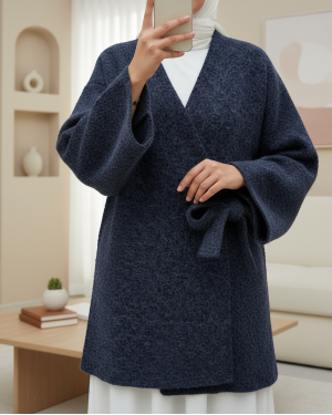 Side  Tie Bearded Kimono  -Navy blue